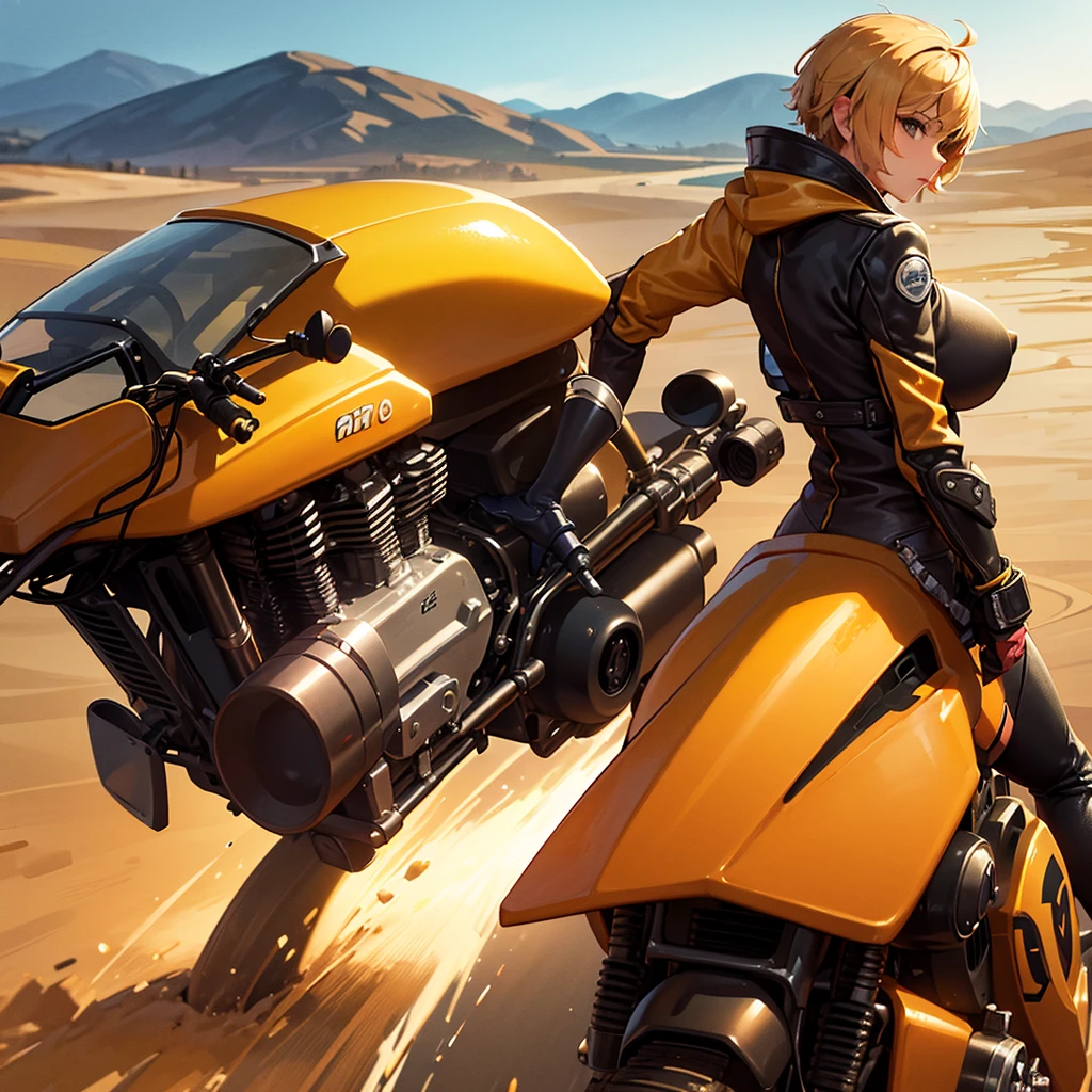 ((Best Quality)), Gigantic Boobs, Rider suit with zippered material is insulating, Beautiful valleys, Brown skin, ((Motorcycle with machine gun)), desert, Shooting, Yellow Shorthair, ((1girl))