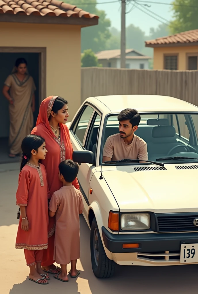A 39years old lady in Pakistani attire is standing near a white carolla car with two kids and her husband is sitting on driving seat and other lady 2 is waving at her sadly is looking at them from doorway, 