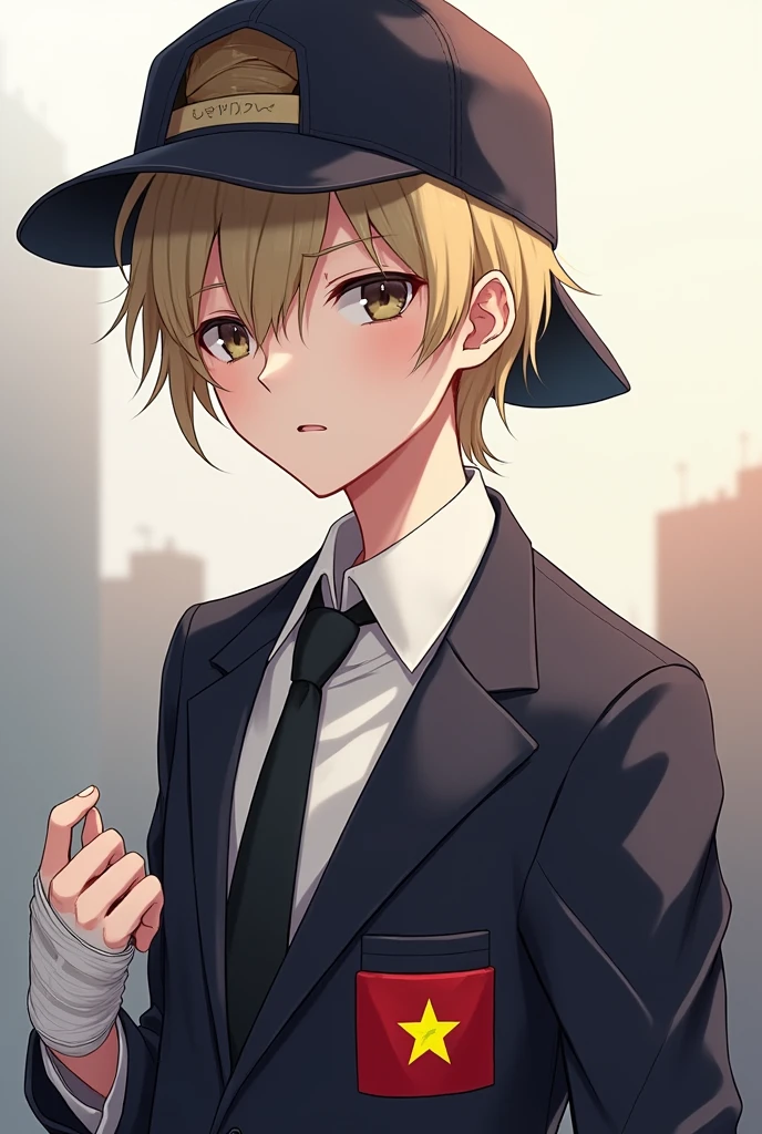 Anime boy, wear a suit, injured right hand must be bandaged, Vietnam flag logo shirt pocket, black hat backwards