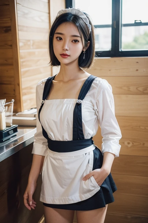 (2 pure Japanese girl,), (Small breasts:1.5,),(solo,,Textured skin, Detailed skin,Detailed face,Detailed eyes,detailed posing,Natural eyebrows,Sparkling Eyes,High detail, Highest quality, Super detailed, Surrealism, ,8k,RAW Photos,Photographicism,Professional Lighting,Ray Tracing,Portrait Photography,Soft Light),((Black Hair, Natural Makeup,Simple earrings, Bob Hair)),(((Coffee shop,Red apron,Maid Head Accessories, White blouse,Navy Skirt,Composition from the waist up,Standing pose)))