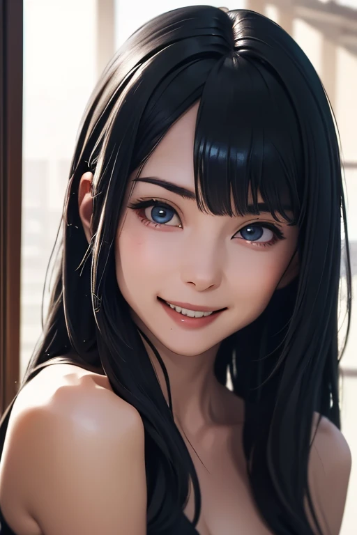 Highest quality　High resolution　Simple　Inside the Dark Castle:2.0　Long Bangs　Adult female　Beautiful girl in iron armor　Casual expression　cute　smile　Beautiful Eyes　One Woman　long side hair　Very black hair　Shiny long hair　Straight hair　Ahoge　cute目　Dungeons　（（head to foot:1.8））