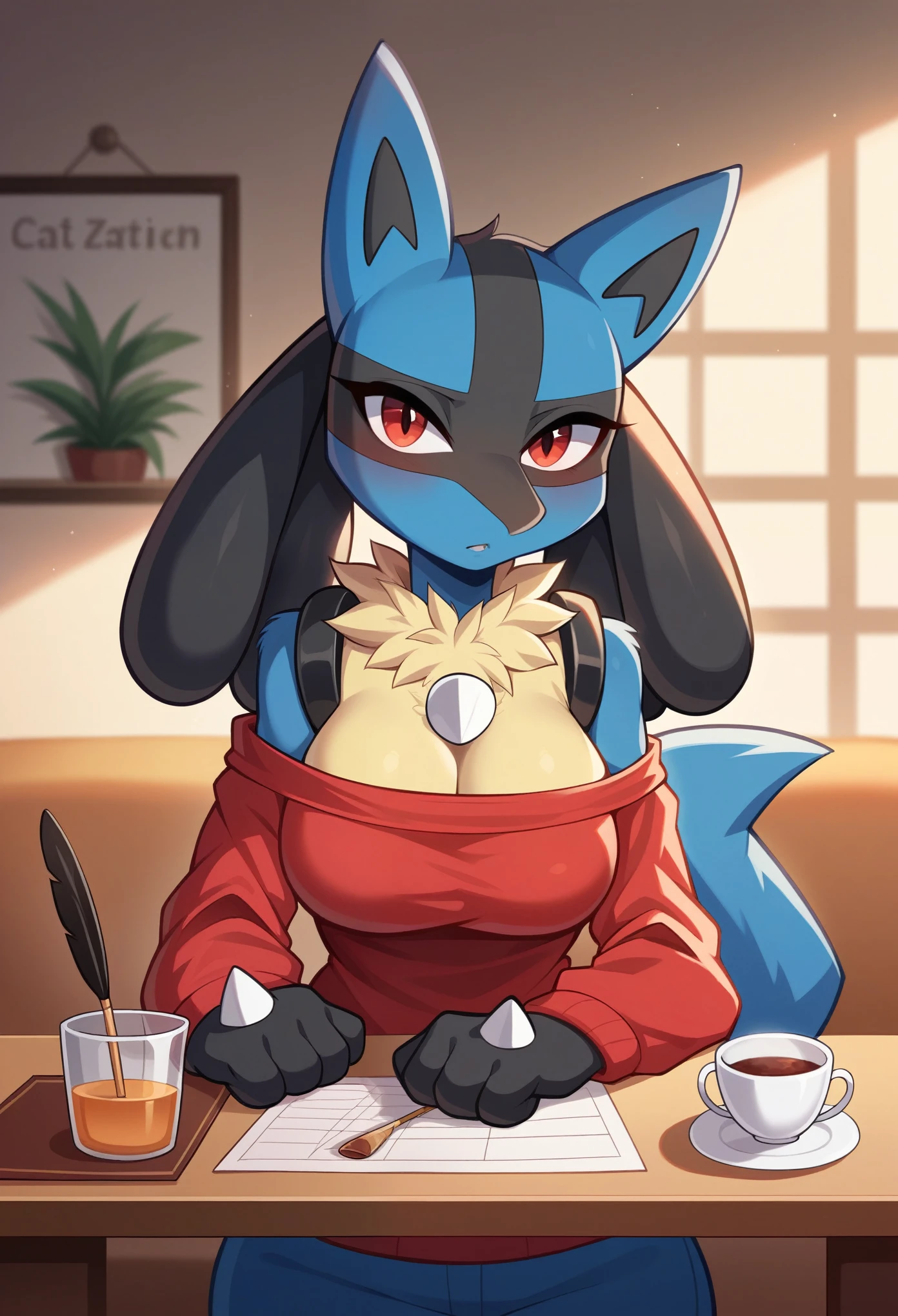 score_9, score_8_up, 2D, flat color, cafe background, Lucario as a Mobian, Mobian, masterpiece, Lucario, 1girl, furry, furry female, blue fur, blue and black hair, red eyes, looking at viewer, looking at viewer, 1girl, very detailed, extremely detailed, Lucario as a sonic the hedgehog series character, shy, timid, sound lines, large bust, milf, spikes, wolf, red sweater, off shoulder sweater, red scarf, walking, ((2 quill-like hair bangs)), (((fluffy muzzle))), solo, 1girl