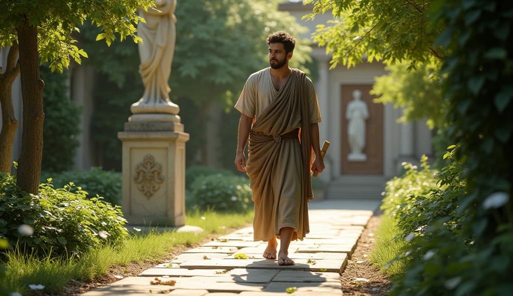 In a tranquil Roman garden filled with lush greenery and a central stone pathway, the young Stoic philosopher walks thoughtfully. His well-defined form, partly revealed by his tunic that shows one shoulder, exudes quiet strength. He holds a scroll tightly in one hand, symbolizing knowledge and control, while his other hand is clenched in resolve. His eyes, deep and focused, reflect the inner acknowledgment of what is within his control. Around him, the garden is vibrant with life, but a few wilted leaves scattered on the path symbolize the wrongs done by others. Sunlight filters through the leaves, casting patterns of light and shadow on his path, representing the duality of circumstances. A marble statue in the background subtly depicts a chained figure, a reminder of victimhood he chooses to leave behind as he moves forward with purpose. Photorealistic