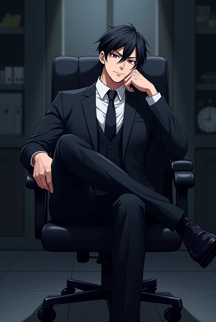 create an anime style image, There is a tall man, Muscular but not too much, White skin, black hair and sapphire red eyes, He is wearing a black suit with a tie, He is sitting on a black chair with wheels, he has his legs crossed, Her head is slightly tilted and is resting on one of her hands., The man wears a small smile of happiness on his face. The background is of an office that is dark. anime style