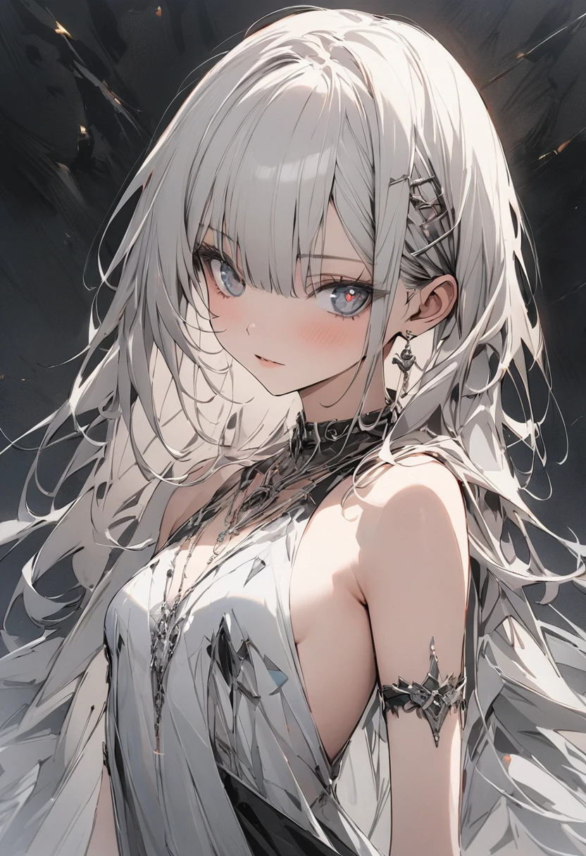 One person, slim,small breasts,bangs,silver long hair,Slope_eye, Diamond-shaped pupils, Conceptual Art, masterpiece,Super Detail, Attention to detail, high quality, 最high quality, High resolution