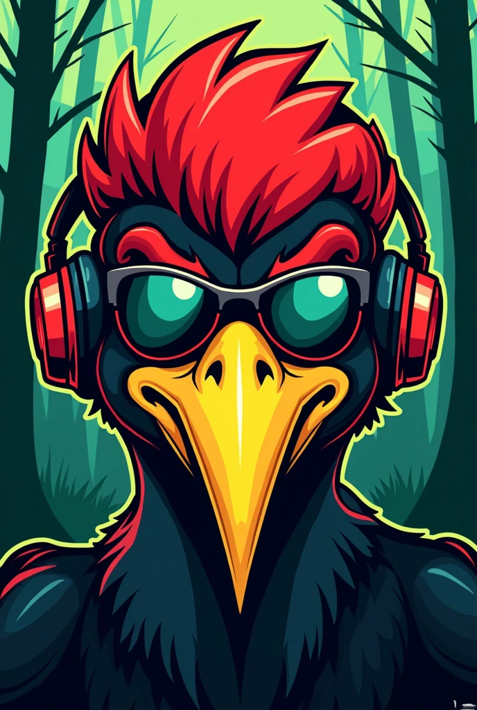 A cartoon illustration of a woodpecker's face, with an aggressive visual, wearing aviator sunglasses, without showing their eyes, e headphones, to be used as a vest patch for a forestry engineering athletic team. The feathers on the woodpecker's head should be red and black., and the long yellow beak. Place trees in the background and create an illustration with a neon balance of green and red colors.