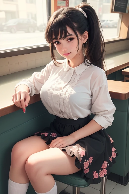 a beautiful young girl with long black hair in a double ponytail, wearing a floral dress with a flared skirt and knee-high socks, sitting with her back to the counter of a diner, two full milkshake glasses with straws on the counter in front of her, looking at the viewer with a sweet expression, (best quality,4k,8k,highres,masterpiece:1.2),ultra-detailed,(realistic,photorealistic,photo-realistic:1.37),anatomy,scientific,precise,hyperrealistic,intricate details,vivid colors,cinematic lighting,volumetric lighting,depth of field,photorealistic rendering,mcdonald's style diner,interior,girl,1girl,detailed eyes,detailed lips,long lashes,gorgeous face,elegant,charming,lovely,pretty,cute,sweet,happy