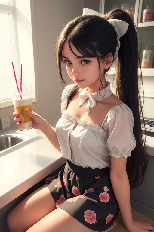 a beautiful young girl with long black hair in a double ponytail, wearing a floral dress with a flared skirt and knee-high socks, sitting with her back to the counter of a diner, two full milkshake glasses with straws on the counter in front of her, looking at the viewer with a sweet expression, (best quality,4k,8k,highres,masterpiece:1.2),ultra-detailed,(realistic,photorealistic,photo-realistic:1.37),anatomy,scientific,precise,hyperrealistic,intricate details,vivid colors,cinematic lighting,volumetric lighting,depth of field,photorealistic rendering,mcdonald's style diner,interior,girl,1girl,detailed eyes,detailed lips,long lashes,gorgeous face,elegant,charming,lovely,pretty,cute,sweet,happy