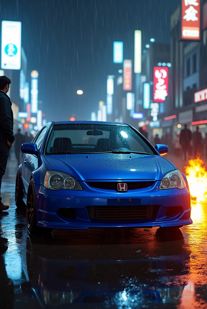 Civic S.I 2008 blue on a rainy night in Tokyo , with fire coming out of the exhaust is a man next to the car