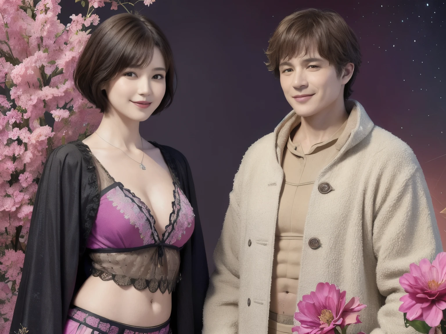 276 (20-year-old woman and man,short hair), Are standing, (beautiful:1.1), (Fractal Art:1.2), (Advanced backgrounds), (Many colors:1.4), (Old-fashioned smile), Abdominal muscles, flower