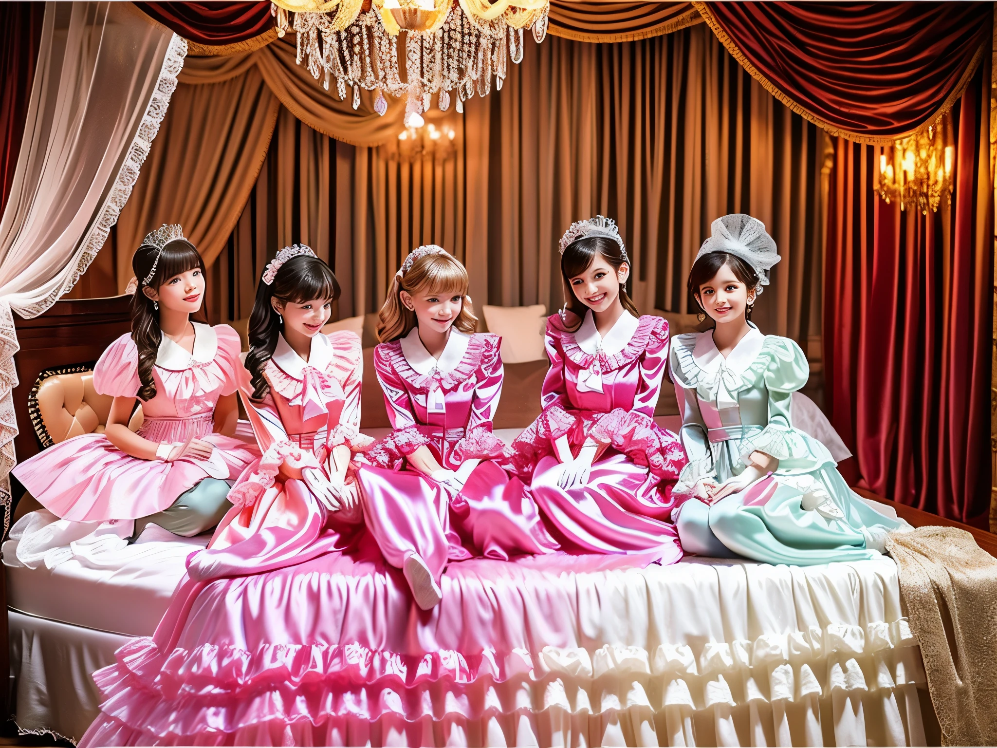 ,highest quality, masterpiece, highest resolution, artwork, super それにget used to it, many get used to it, get used to it, それにget used to it, 3k realistic pictures,,((early age littUltra-detailed juvenile face,three are princesses,full length ball gown dress with hoop skirt,ruffled yoke collar,puff sleeves,long sleeve,((Lolita style honk detailed princess satin dress with lots of ruffles and ribbons)),Rococo style lolita fashion,shintin dress,Soft and smooth fabric,luxury,long blonde hair,blue eyes,white skin european,Pajama,((in the bedroom)),luxury princess canopy frilled bed,super detailed bed,they are lying on the bed,High-quality background,