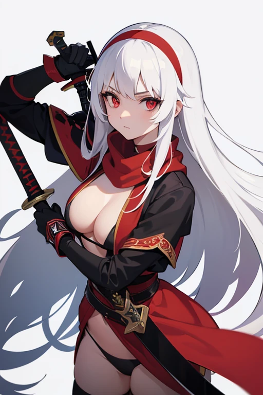 long hair, breasts, looking at viewer, bangs, simple background, red eyes, gloves, white background, holding, weapon, white hair, hairband, sword, holding weapon, arm up, holding sword, dual wielding, red scarf,undress