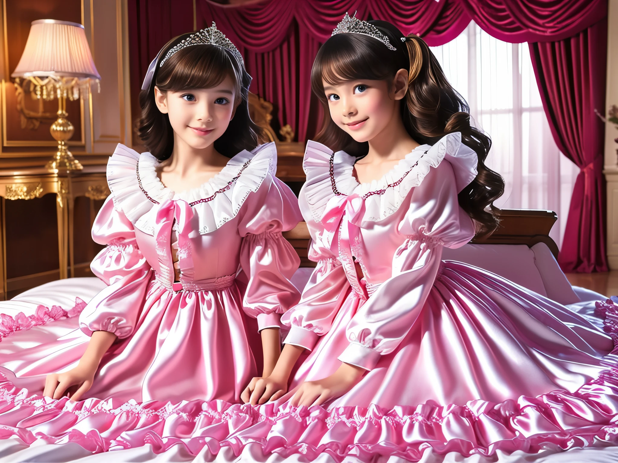 ,highest quality, masterpiece, highest resolution, artwork, super それにget used to it, many get used to it, get used to it, それにget used to it, 3k realistic pictures,,(()),Ultra-detailed juvenile face,three are princesses,full length ball gown dress with hoop skirt,ruffled yoke collar,puff sleeves,long sleeve,((Lolita style hot pink detailed princess satin dress with lots of ruffles and ribbons)),Rococo style lolita fashion,shiny satin dress,Soft and smooth fabric,luxury,long blonde hair,blue eyes,white skin european,Pajama,((in the bedroom)),luxury princess canopy frilled bed,super detailed bed,they are lying on the bed,High-quality background,