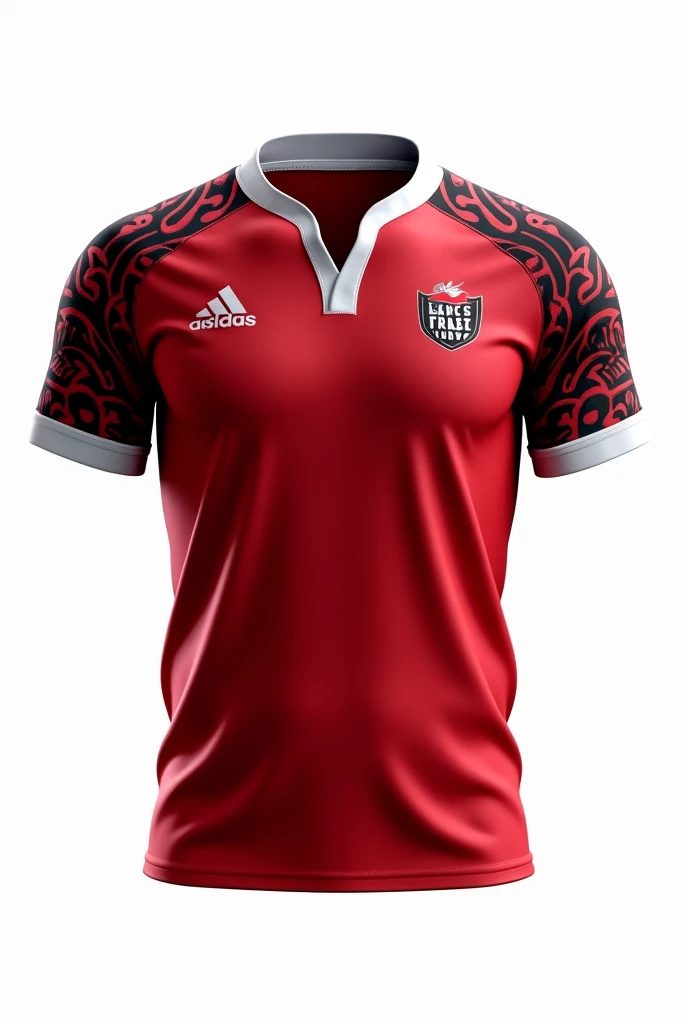 Create for me rugby jersey on sleeve maori pattern  colour red black white/black collar wrote lake tribe rugby white background jersey only no model