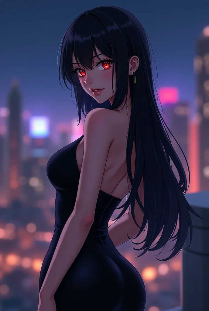 Anime mommy with black hair Tied up and messy in the front and white horns and sexy bodysuit, with red eyes And a naughty face Also put big butterfly tattoo On one thigh and Japanese letters on the other thigh