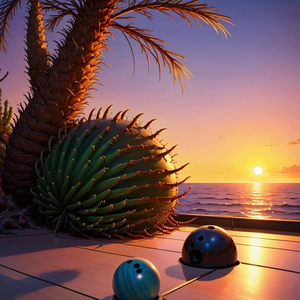 a centipede and a bowling pine watching a sunset under the sea together