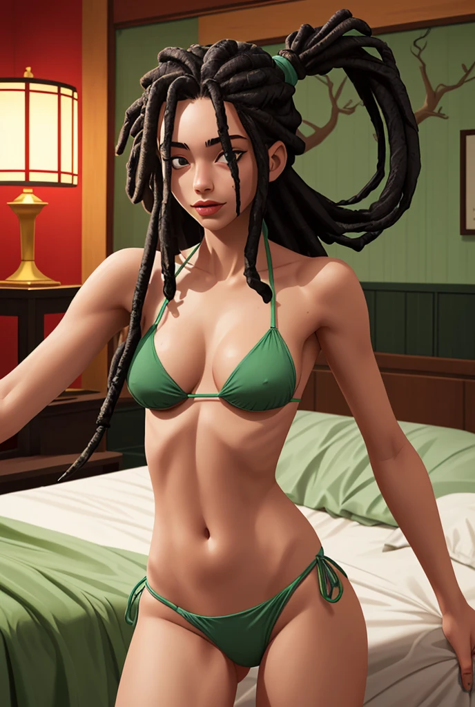  girl with black dreadlocks. She is in green bikini in her oriental castle bedroom. She is very skinny. She have flat breasts