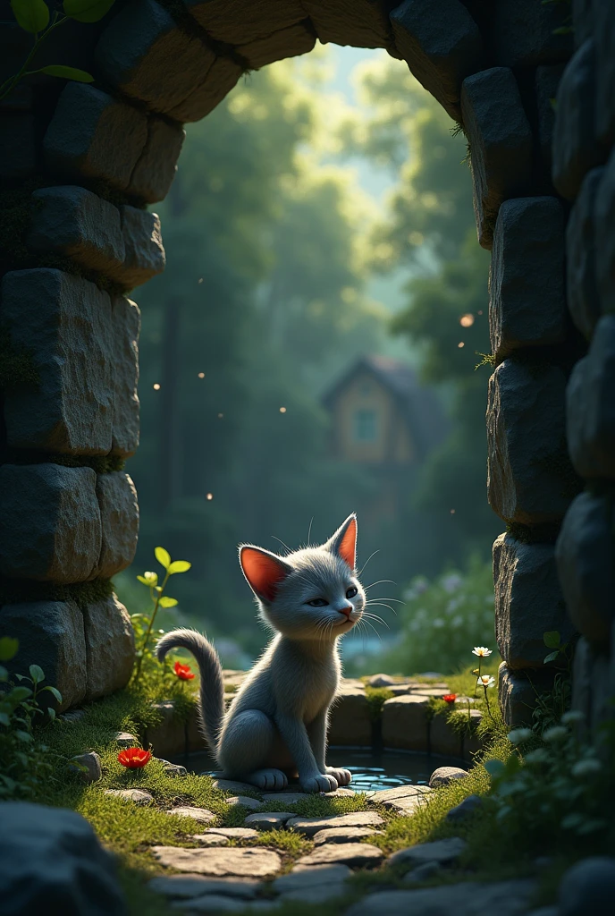 In a dark, abandoned well, a forlorn kitten with light grey fur and a slender, hunched figure sits alone, crying softly in the oppressive darkness. The well's rugged, moss-covered stone walls starkly contrast with the kitten's subdued appearance, while faint light from above highlights its tears. Despite the sorrow, the kitten gathers determination, climbing the well’s walls with urgent resolve. Emerging into the vibrant village, it rushes through the cobblestone streets to its parents’ flower-adorned home, seeking help with a mix of relief and anxiety. Rendered in a medieval Pixar style, the scene captures the kitten’s emotional transition from loneliness to a desperate, hopeful action, emphasizing the contrast between the dark, oppressive well and the warm, safe village.
