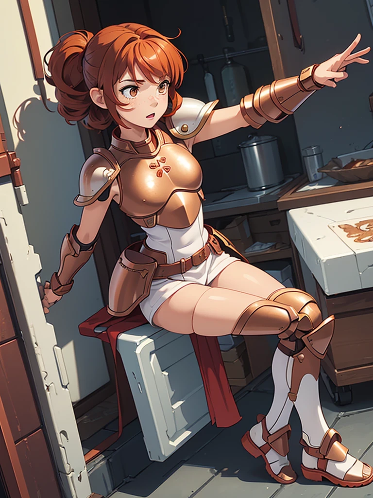 (masterpiece), (best quality), ((one girl)),(( red copper hair)),(brown eyes),short hair, curly hair, anime style, freckles, (small breast), (petite figure), legs,((white armor)),(full body armor),(almond eyes) ,( tan skin)