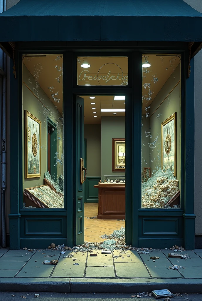 Front of a jewelry store, realist, Not so big, after a robbery