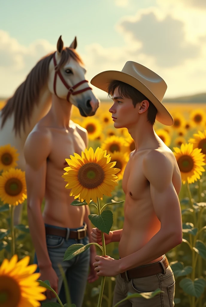 2 young handsome beautiful white skin skinny soft skin cowboy with a sunflower in his hand in sunflower field shirtless with a horse