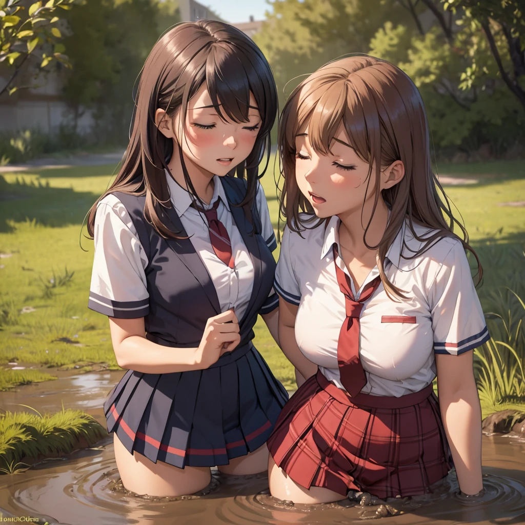 Romance students, two girls students in school uniform, lesbian couple, brunette or ginger, beautiful, alumnaxalumna, classmates, kissing passionately, sinking deep in the middle of quicksand, bog, swamp, marsh, muddy, messy, deep mud, orgasm, intimate moment, closed eyes, passion