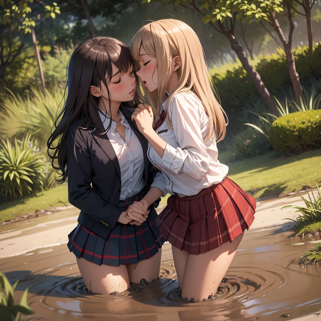 Romance students, two girls students in school uniform, lesbian couple, brunette or ginger, beautiful, alumnaxalumna, classmates, kissing passionately, sinking deep in the middle of quicksand, bog, swamp, marsh, muddy, messy, deep mud, orgasm, intimate moment, closed eyes, passion