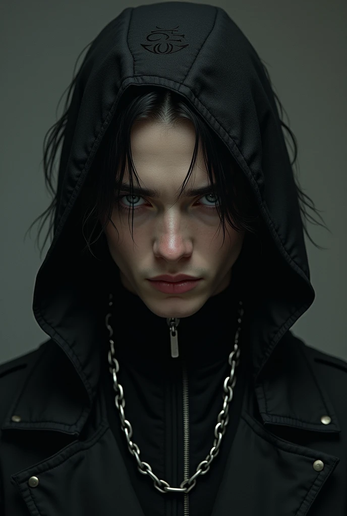 Young man with long hair, black clothes and a chain