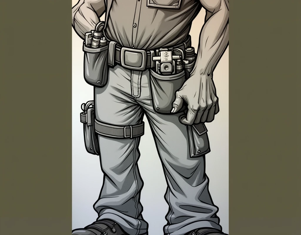 best quality, highres, masterpiece:1.2, ultra-detailed, cartoon :1.37. , white background, monochromatic, line drawing, sketch., ensuring the lines are clear and well-defined for easy coloring. wearing a tool belt ready to work