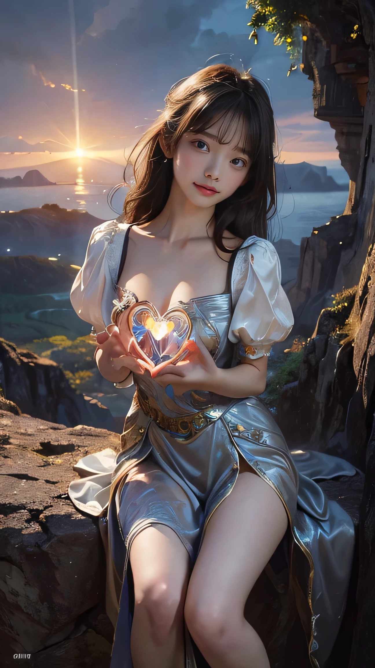 Highest quality,Realistic,masterpiece,detailed,High resolution,Cute , (masterpiece,  best quality,  dynamic angle),  full body shot,  (nsfw:1.4),  (masterpiece:1.2), (Photo of a female clockwork traveler with a transparent chest revealing a glowing Heart, an alien landscape with floating islands connected by glowing energy bridges, exploring vibrant flora with bioluminescent patterns, dual suns setting in the background, high dynamic range, surreal elements, ultra-detailed, elaborately detailed attire with extraordinary elements:1.1), BREAK (art by Don Bluth:1.4), (hyperdetailed:1.1), (intricate details:1.0), (Refined details:1.1), (best quality:1.1), (high resolution:1.2)