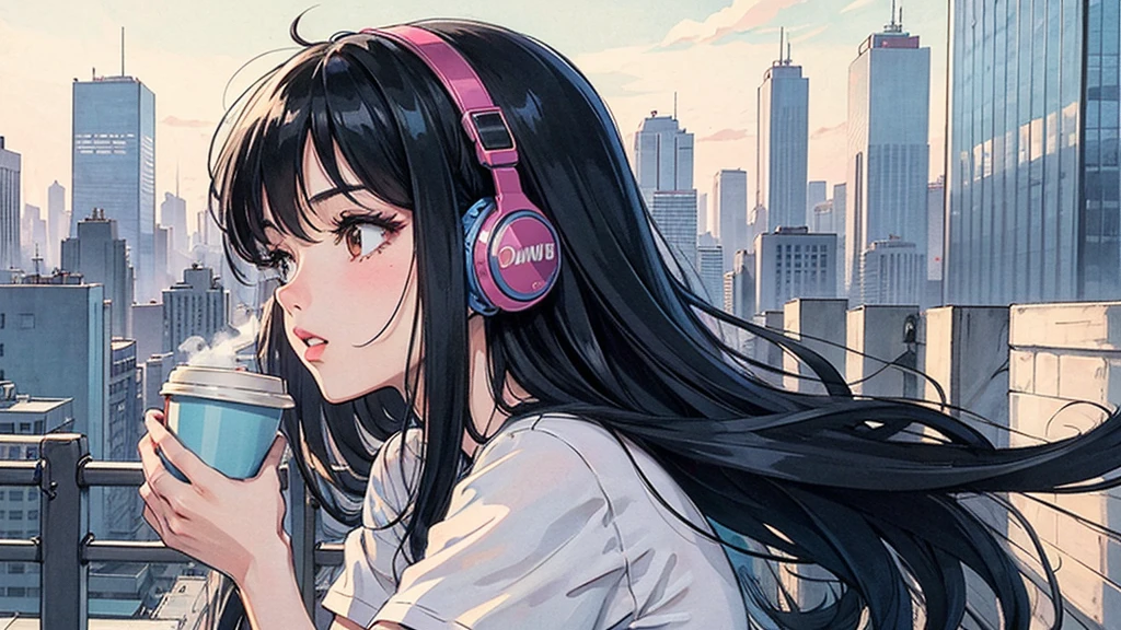 1 person, Blue Long Hair, 80s anime style, I have headphones on, coffee, Retro, Lo-Fi,City view in the background, Wearing a short-sleeved T-shirt, Close-up of a woman's face from the front,