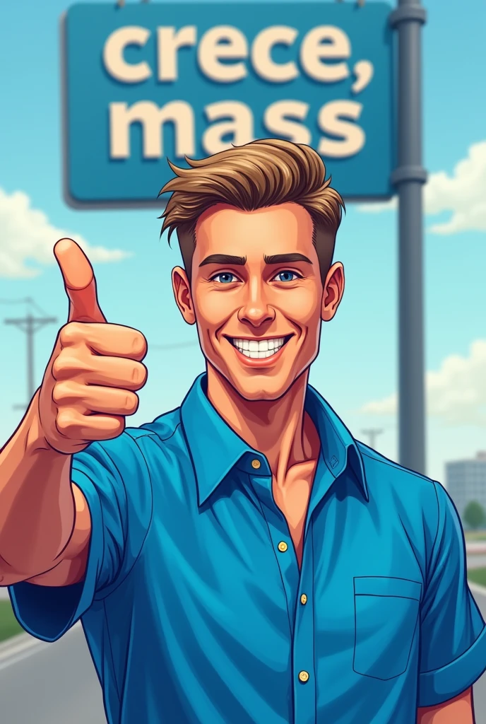 Create an image of a young white man with no beard in an electric blue shirt collar with a thumbs up. And let the pole say "CRECE MASS".