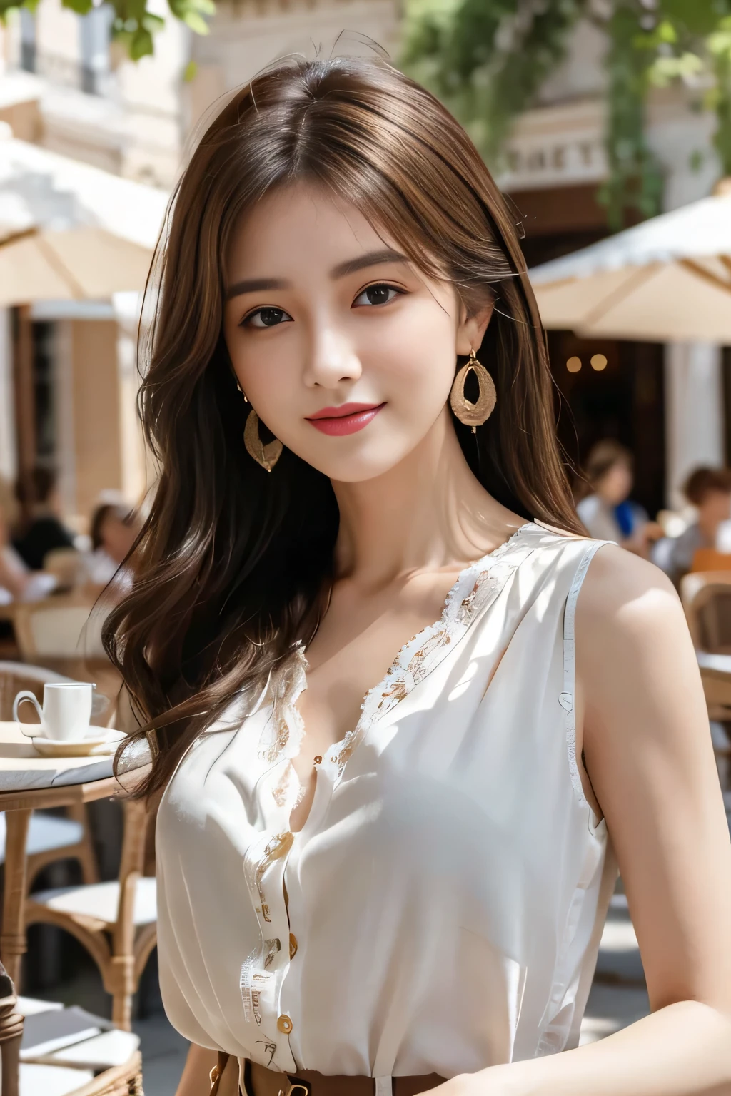 masterpiece, Highest quality, Realistic, Very detailed, Finer details, High resolution, 8k wallpaper, One beautiful woman,Wear a nice blouse, On the terrace of a lovely cafe, at noon, Light brown messy hair, Perfect dynamic composition, Beautiful and beautiful eyes、Big earrings、Sleeveless shirt、smile、