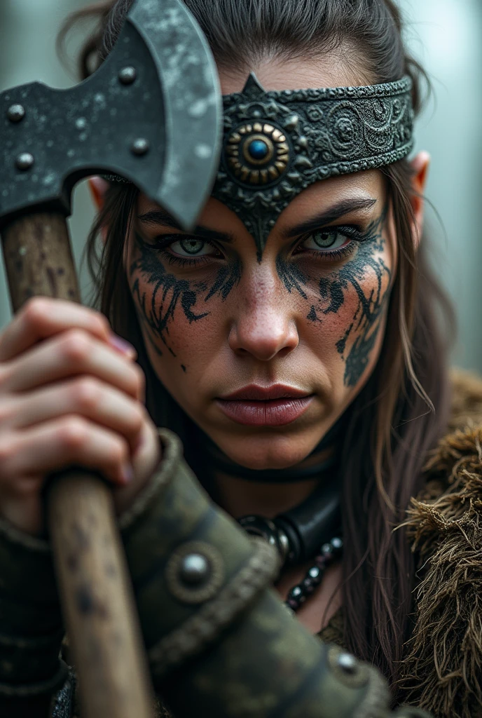 Close up viking warrior with axe in hand, Woman, axe next to the face, large head ornament , necklace on the neck,  painted face, make-up, tattoo in face