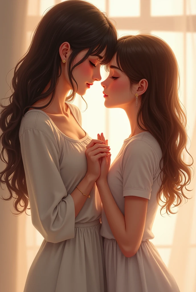 NOW CREATE A DRAWING OF 2 girls, one of them is tall with brown hair and it reaches her back and they have wavy hair and white skin and the other is a little shorter than the other, reaching her chin, she has skin that is a little less white with SHORT HAIR up to her ears and, that the two are hand in hand and very much in love , Remember that both are women THEY ARE MARRIED