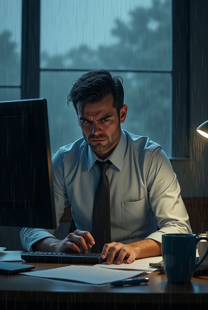 Angry teacher working on his computer in the rain
