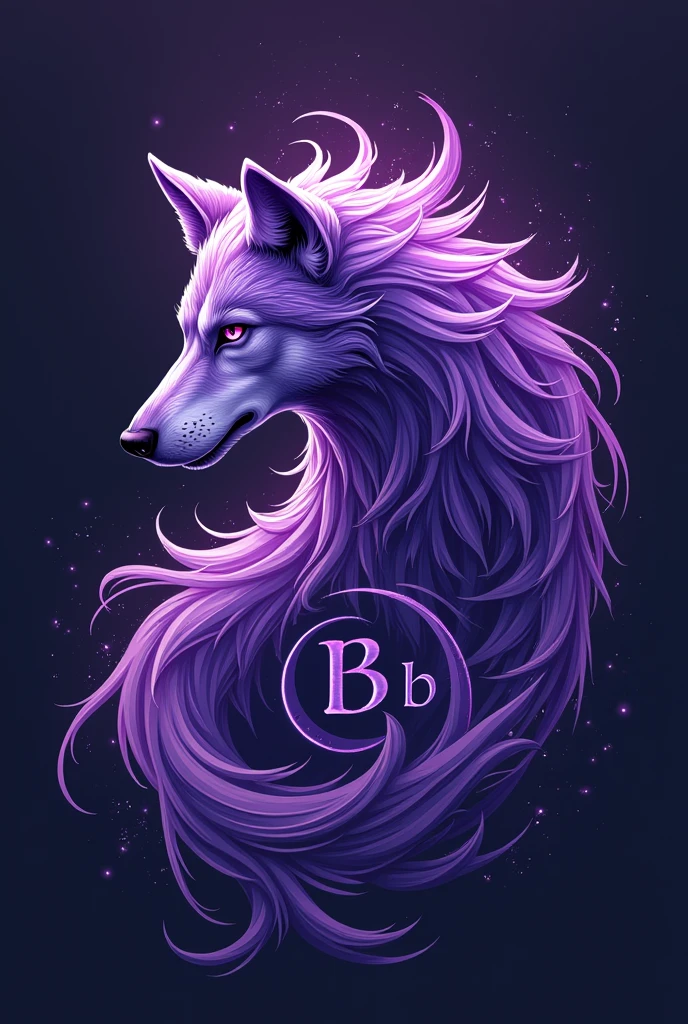 Create a purple wolf logo for me, with wind and the name "8 b"