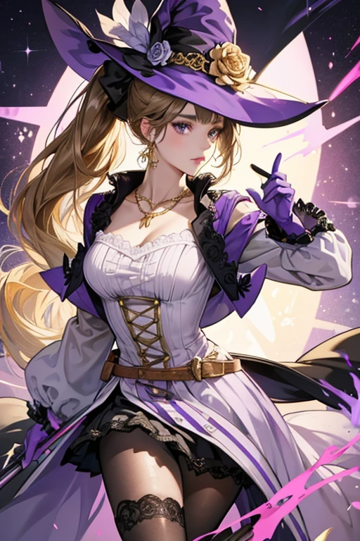 Lisa's dark blond hair is tied in a loose side ponytail.
She wears a purple and white dress with open slits at the sides and gold embroidery, along with black gloves with pale purple trim, a large witch's hat, black lace stockings, and black high heels, and an earring is visible on one ear. She wears a gold necklace with her Vision clasped to the collar of her dress.
There is a pale purple rose pinned to her hat, and a similar one on the tie of her ponytail. Additionally, a large ornamental golden rose is attached on her belt at the hip. SPARKLE; GLITTER
