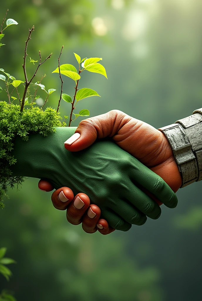 I want a hand with several green leaves and branches representing the environment holding hands with another hand made of bricks and concrete representing civil construction, remembering that it has to be a handshake between these two hands, that is, a handshake.