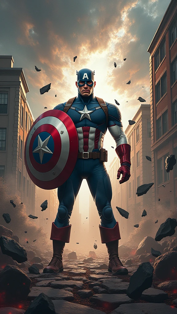 Captain America stands in the middle of a collapsing reality, with the world around him bending, warping, and twisting in impossible ways. The focus is on the intense visual distortions that affect the environment and Captain America himself.
Detalhes Visuais: Captain America’s figure should appear slightly warped, as if being pulled in different directions by the forces distorting reality. His shield is now glowing more intensely, emitting pulses of energy trying to stabilize the chaos. The environment around him—buildings, trees, and even the ground—should look as if they are being stretched and twisted, with some elements bending towards the center where Captain America stands. Colors are exaggerated, with unnatural hues and patterns swirling in the air, creating a surreal atmosphere.
(The composition centers on Captain America, with the surrounding environment curving and spiraling towards him, emphasizing the idea that reality is collapsing inward. The perspective should be slightly tilted, adding to the sense of disorientation. In the background, fragments of past and future timelines should be faintly visible, adding layers of complexity to the scene)
Atenção ao Ambiente: The environment should reflect a mix of familiar elements (like buildings and natural features) that are twisted and distorted beyond recognition. The sky is a chaotic swirl of colors—deep reds, purples, and greens—reflecting the unnatural state of the world. The ground beneath Captain America is fractured, with pieces floating slightly off the surface, defying gravity.
Referências Emocionais: The atmosphere is chaotic and unsettling, with a strong sense of urgency. Captain America’s posture is tense, as he struggles to maintain his balance and composure amidst the collapsing reality. His face shows determination but also hints of fear as he confronts a force that threatens to tear apart everything he knows.
Equilíbrio entre Detalhe e Simplicidade: The image should balance the complexity o