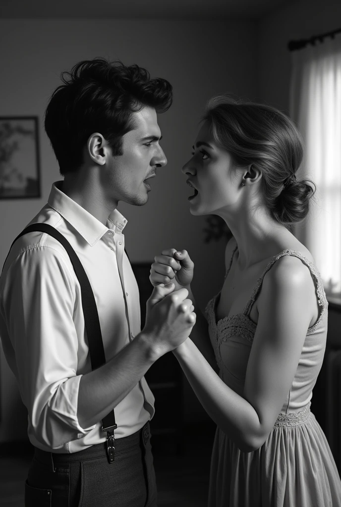 Old black and white image of a couple aged 21 and 22 arguing