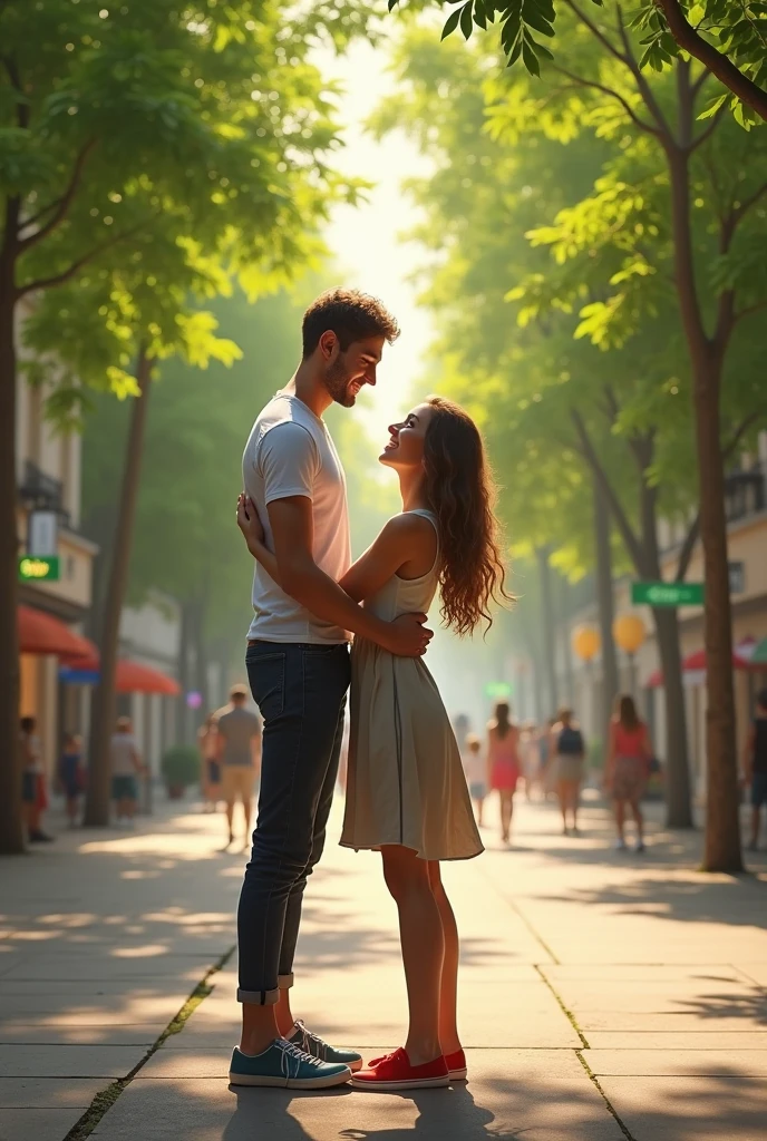 PICTURE REALISTIC, tall thin man, casual clothes, woman in casual blouse and skirt, meeting for the first time in a tree-lined square, and hug each other, happy.