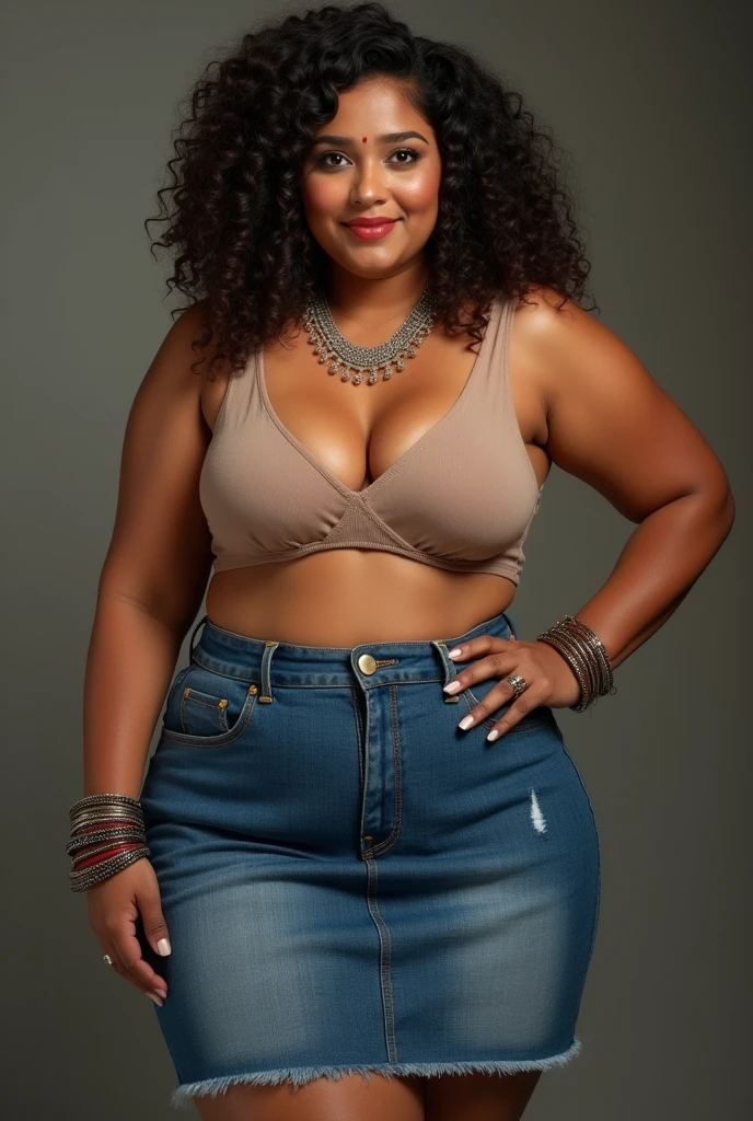 Thick Indian milf denim skirt showing midriff, bangles and necklace, waist band
