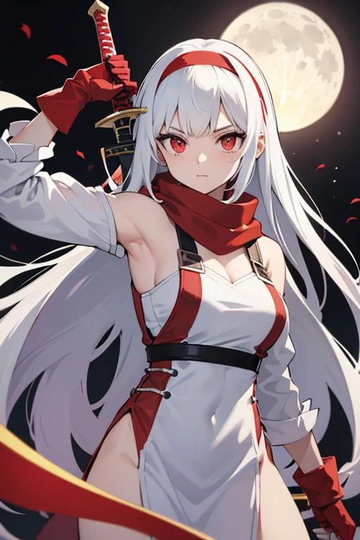 long hair, breasts, looking at viewer, bangs, simple background, red eyes, gloves, white background, holding, weapon, white hair, hairband, sword, holding weapon, arm up, holding sword, dual wielding, red scarf,undress,Moon
