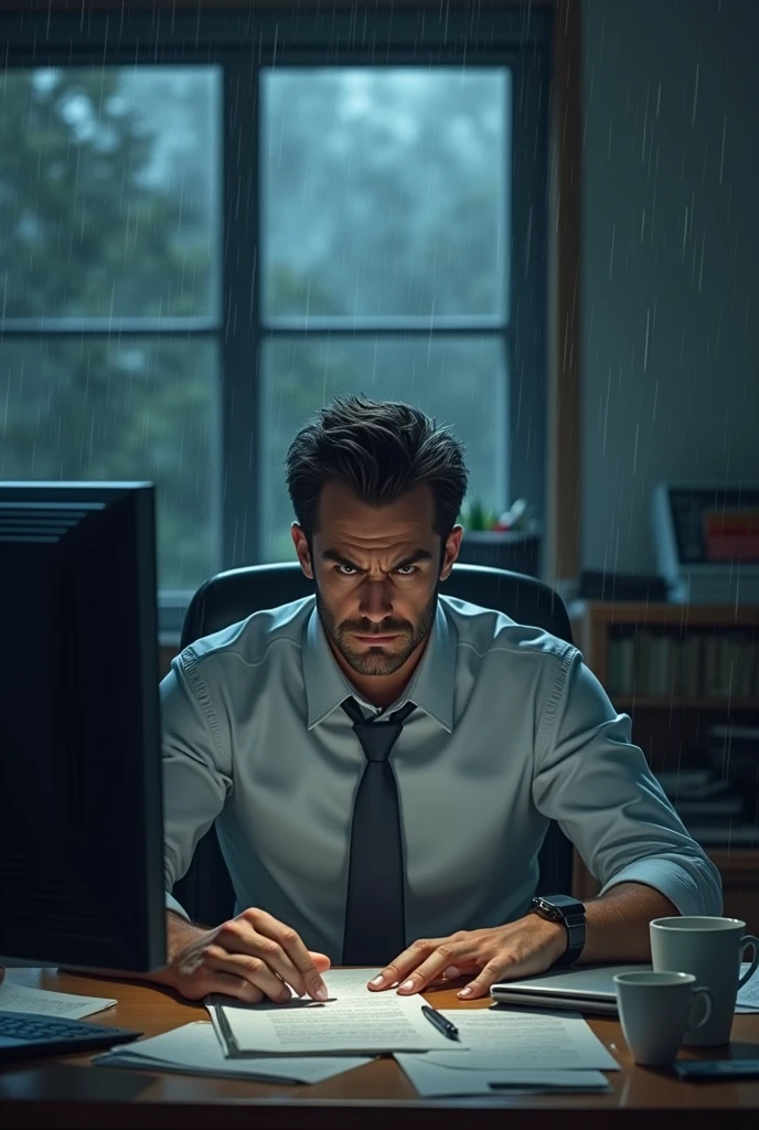 Angry teacher working on his computer in the rain