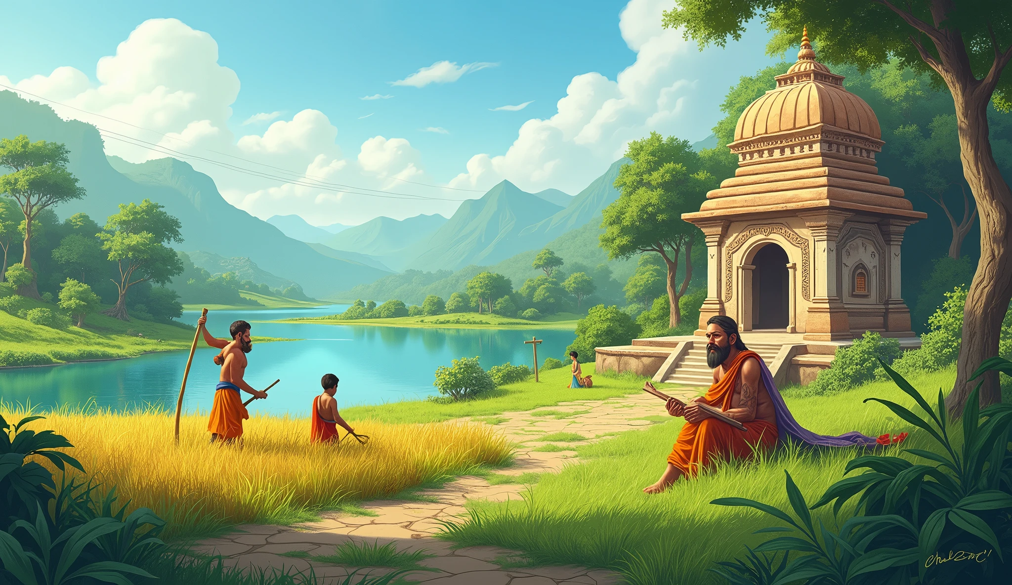 Background:** View of village lake and greenery.
- **Middle:** Big images of Suraj Ladka and Chandra Ladka, Suraj Ladka in field and Chandra Ladka busy in art.
- **Right:** Image of ancient temple and Sadhu Baba. Cartoon image