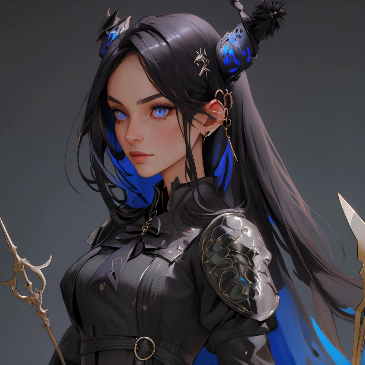 envision a 8k, highres, cinematic, close up beautiful portrait of a Tall woman named Nerissa Novella with long black hair, devil horns, blue eyes, wearing a black sleek dress with magic attachments and armor plates wielding a tuning fork spear against a dark background