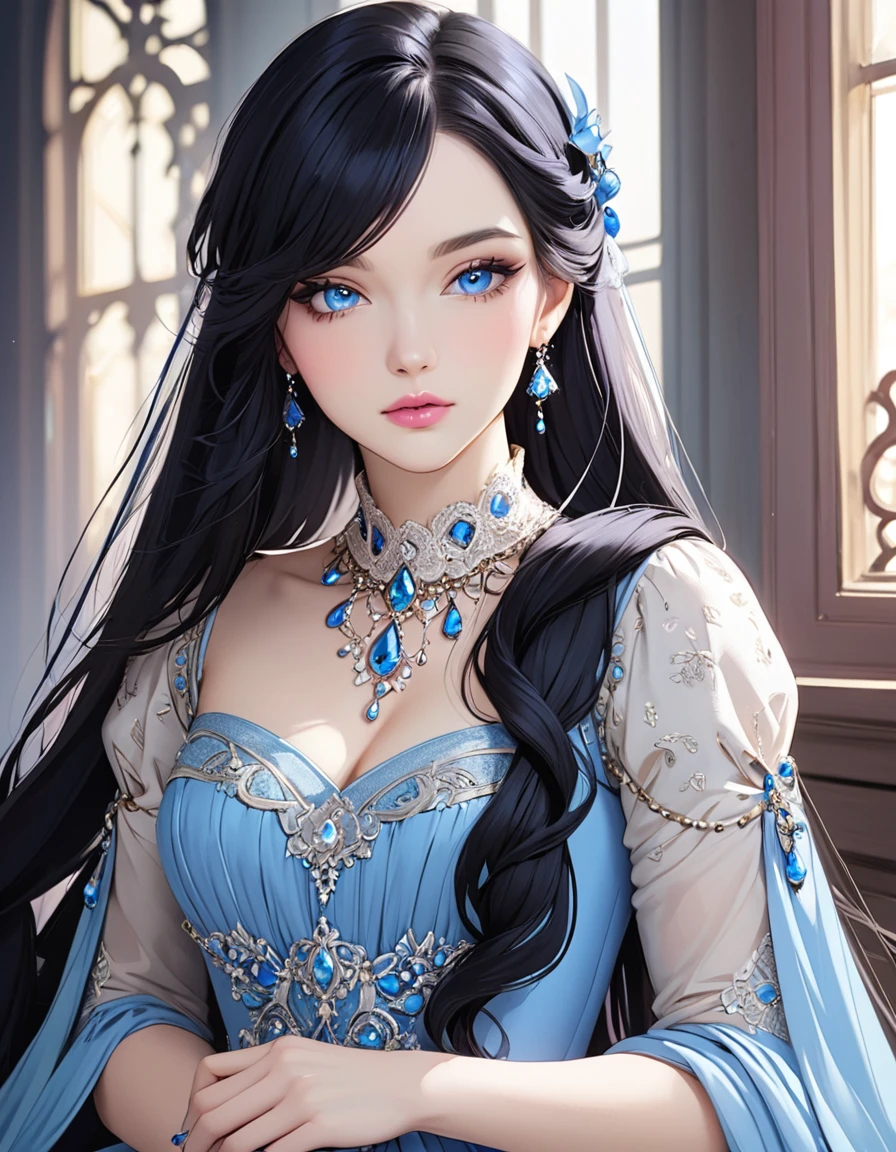 Beautiful woman with very long black hair, side-swept bangs, sparkling blue eyes, light pink lips, fair skin. Elegant but modest renaissance dress and a blue teardrop shaped necklace.