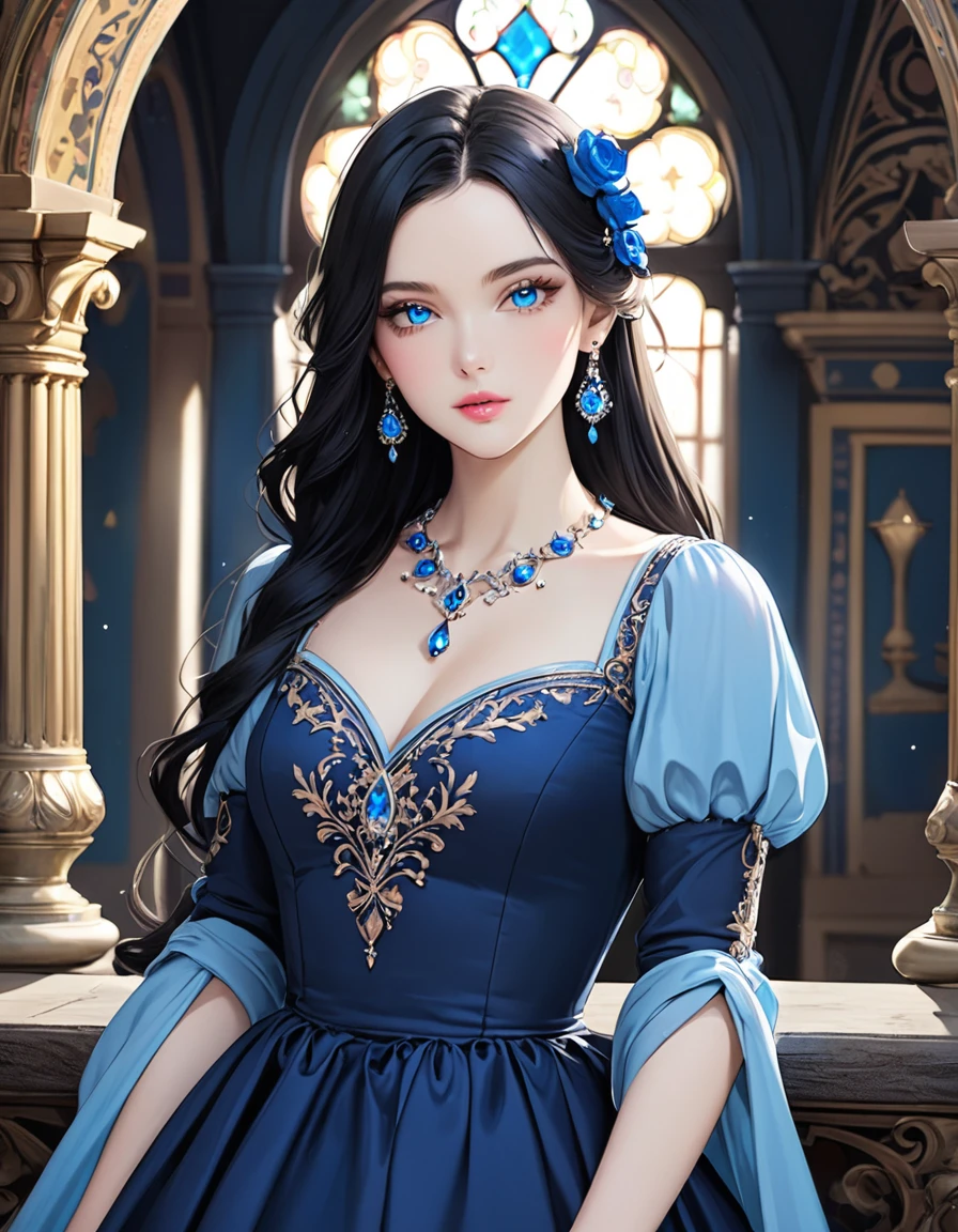 Beautiful woman with very long black hair, side-swept bangs, sparkling blue eyes, light pink lips, fair skin. Elegant but modest renaissance dress and a blue teardrop shaped necklace.
