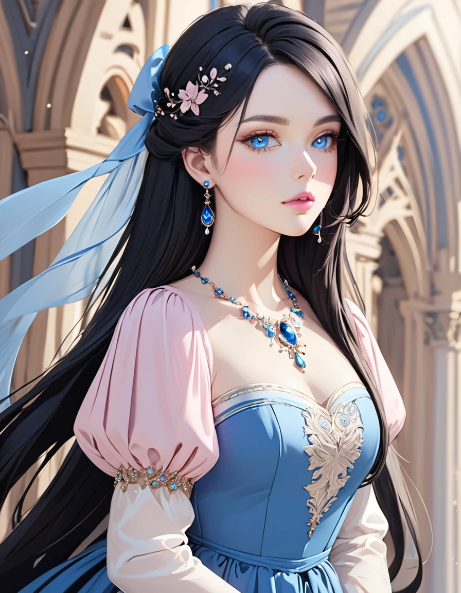 Beautiful woman with long black hair, side-swept bangs, sparkling blue eyes, light pink lips, fair skin. Beautiful renaissance pink dress.